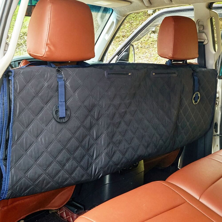 Pet travel car seat cover, black, with breathable mesh window, fits most vehicles, dog comfort