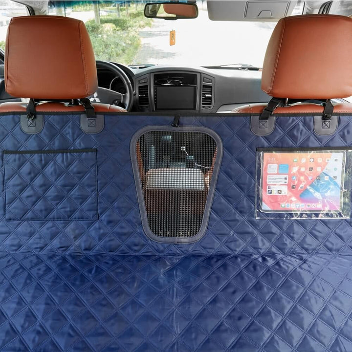 Machine washable pet car seat cover with mesh view, offering waterproof vehicle protection