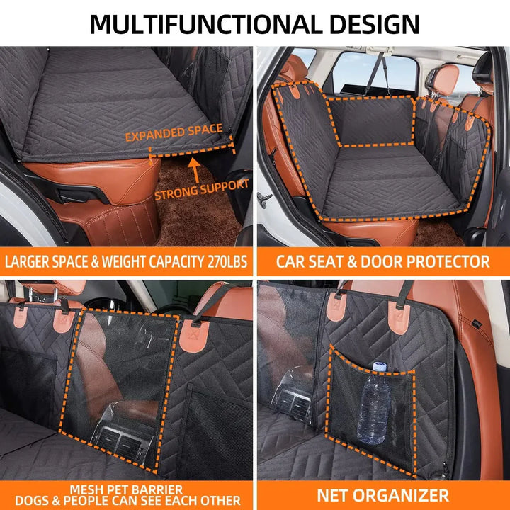 Vehicle protector: dog car seat extender installed, ensuring pet safety and comfort
