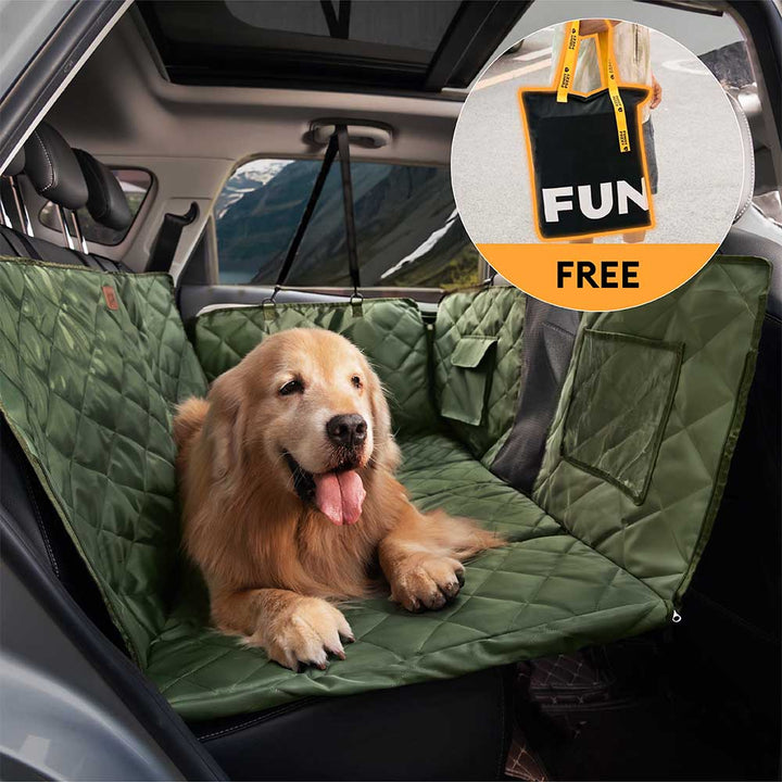 Dog car seat extender in backseat, creating a flat waterproof surface for pet travel.