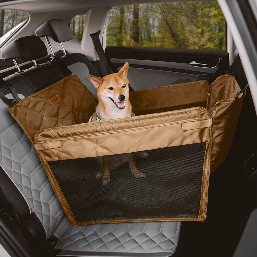 Side profile of dog car seat extender installed, showcasing its secure fit.