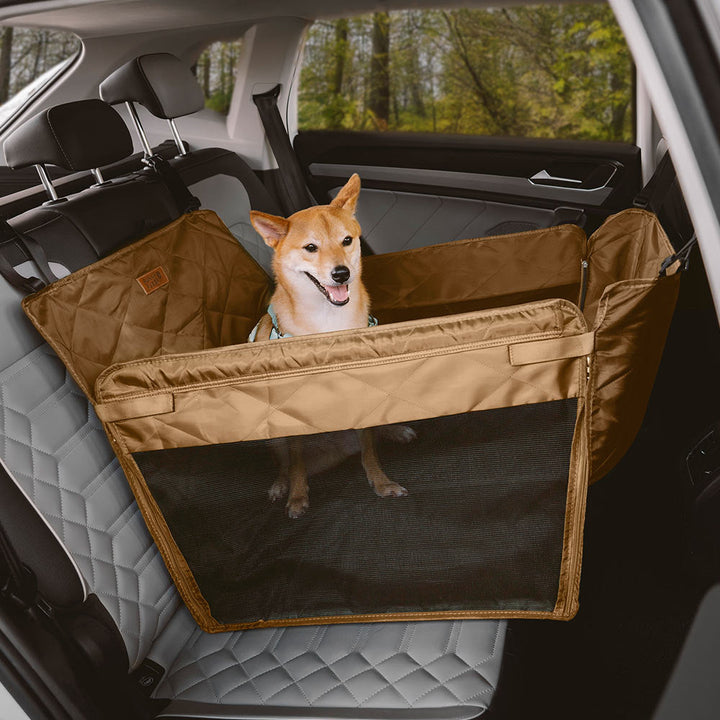 Side profile of dog car seat extender installed, showcasing its secure fit.