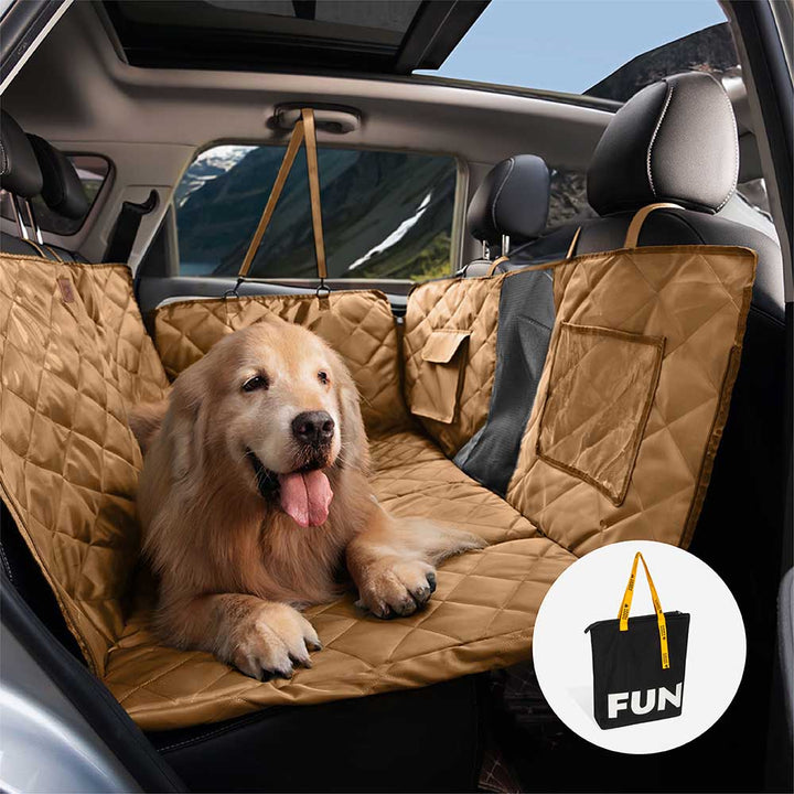 Dog car seat extender transforming backseat into a large, safe space for dogs.