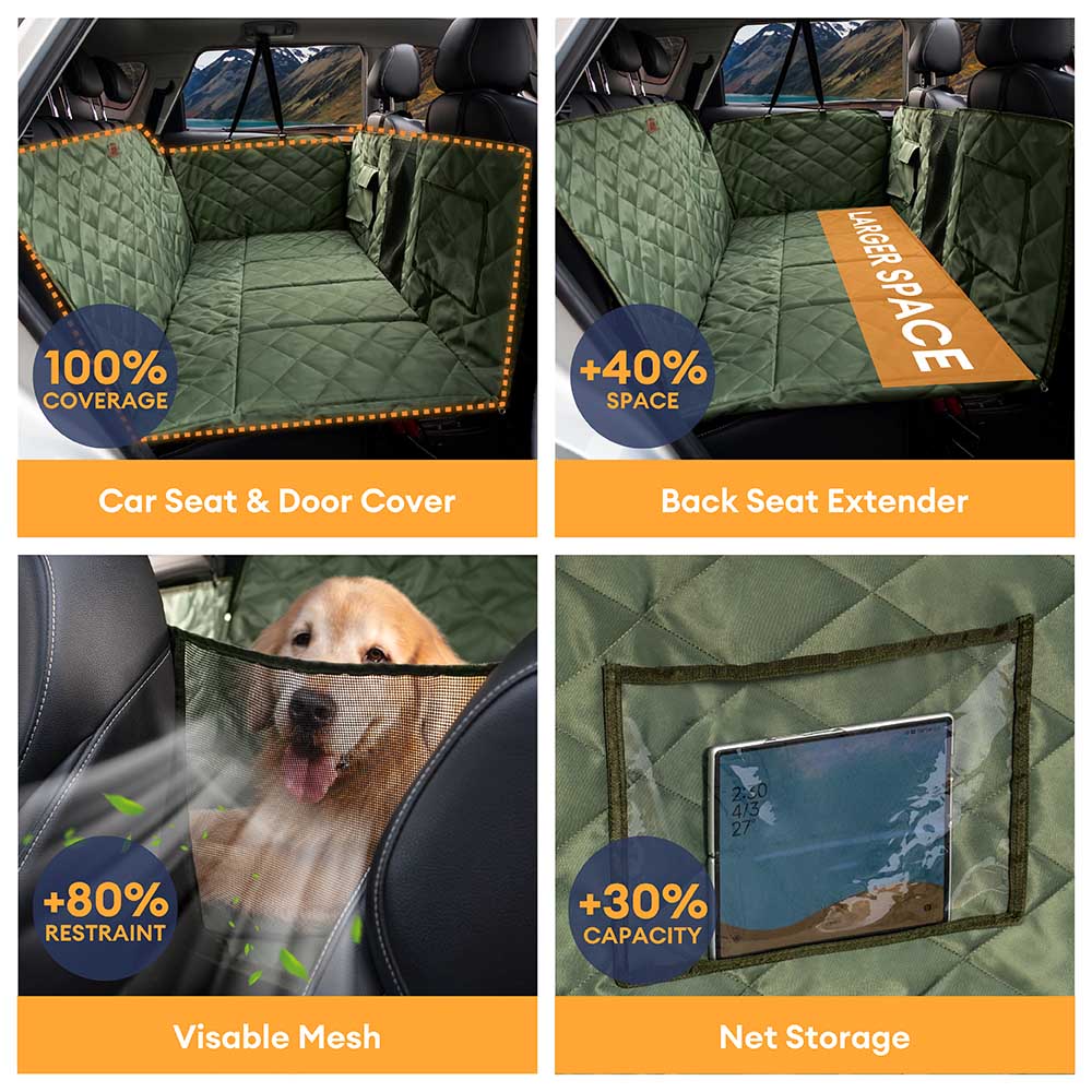 Folding dog car seat extender for backseat; durable pet travel bed & car protector.