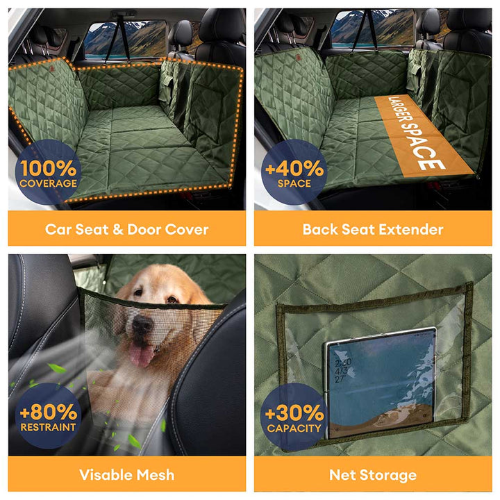 Folding dog car seat extender for backseat; durable pet travel bed & car protector.