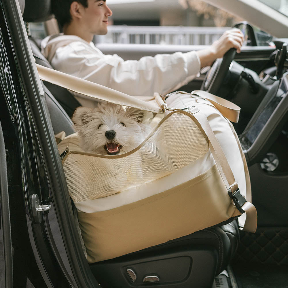 Dog enjoying a car ride under a protective pet car seat sun shade.