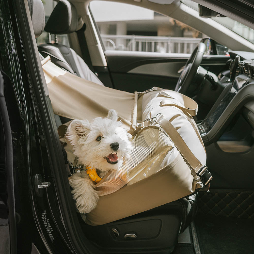 Black pet car seat sun shade, easy to install for dog travel comfort.