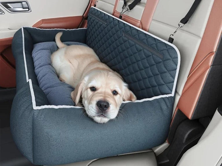 New4 dog car seat travel bed, features storage, offers anxiety relief and comfort for pet travel.