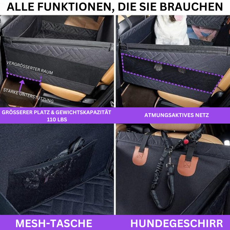 Secure dog car seat with sturdy hard floor & high sides for pet comfort & vehicle protection.