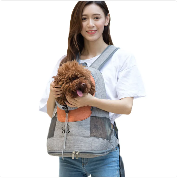 Small dog car carrier backpack featuring a front viewing window and ventilation for pets