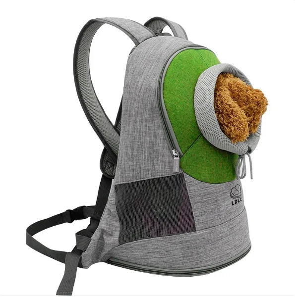 Adjustable dog carrier backpack for cars, includes viewing window and breathable mesh panels