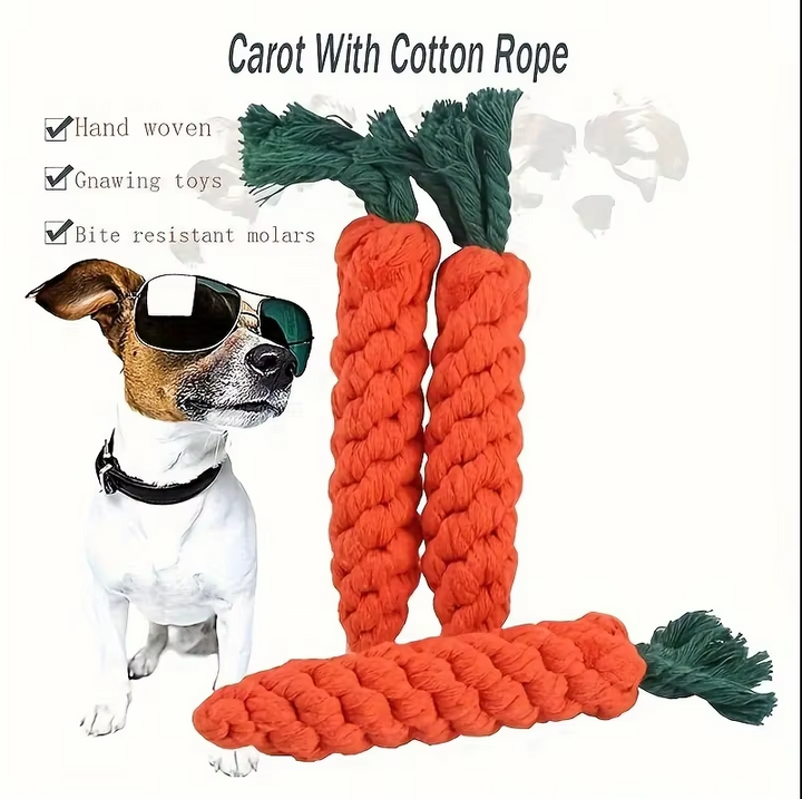 Dog carrot dental chew toy made of cotton rope for healthy teeth and gums, puppy-friendly.