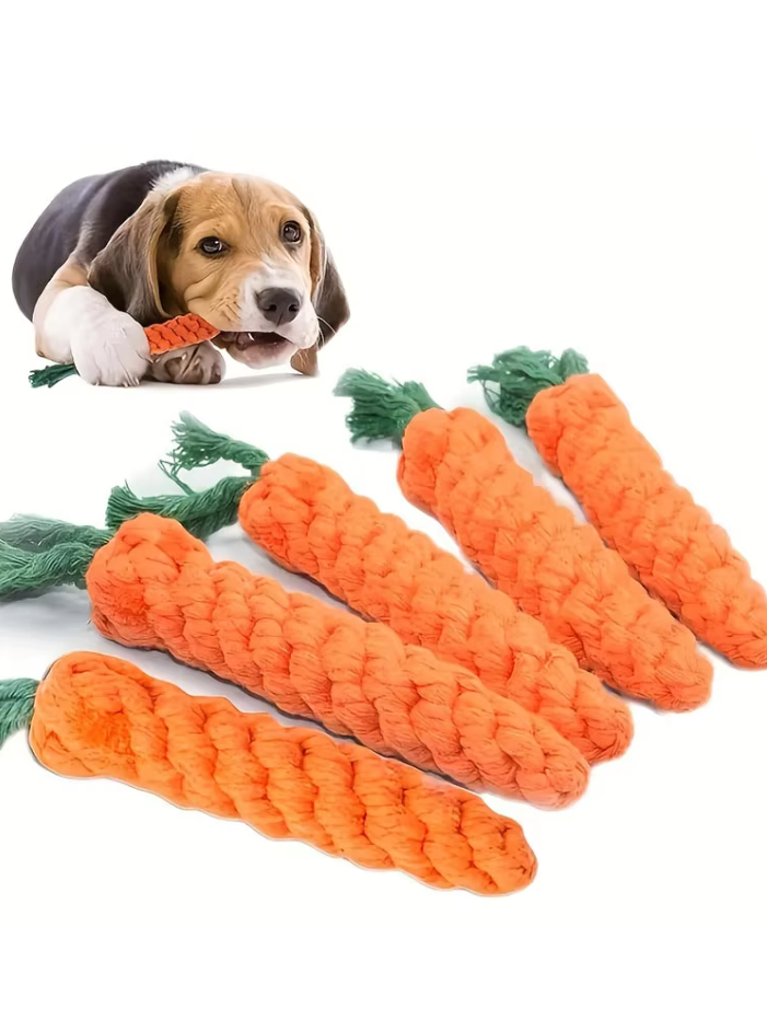 Orange carrot-shaped cotton rope chew toy for dogs, promoting dental health and clean teeth.
