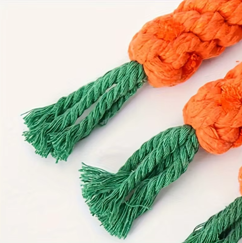Close-up of a dog carrot dental chew toy; a cotton rope accessory for animal oral health.