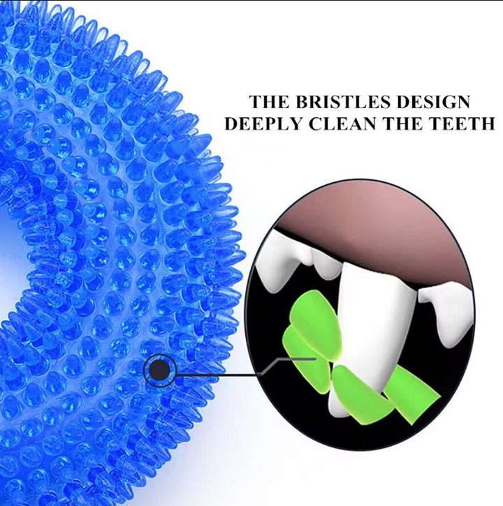 Close-up of dog's mouth on a textured chew ring, designed for dental cleaning
