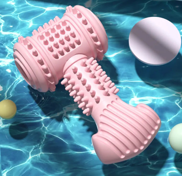 Interactive dog dental chew toy in dumbbell shape, designed for canine teeth cleaning.