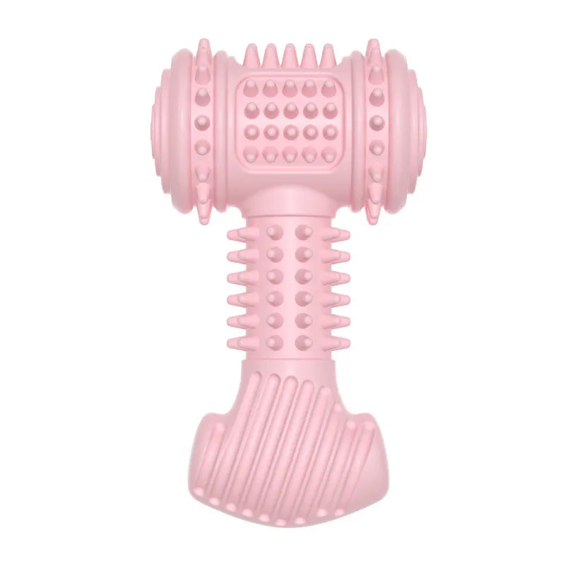 Close-up of a dog dental chew dumbbell toy, highlighting its textured surface for cleaning teeth.