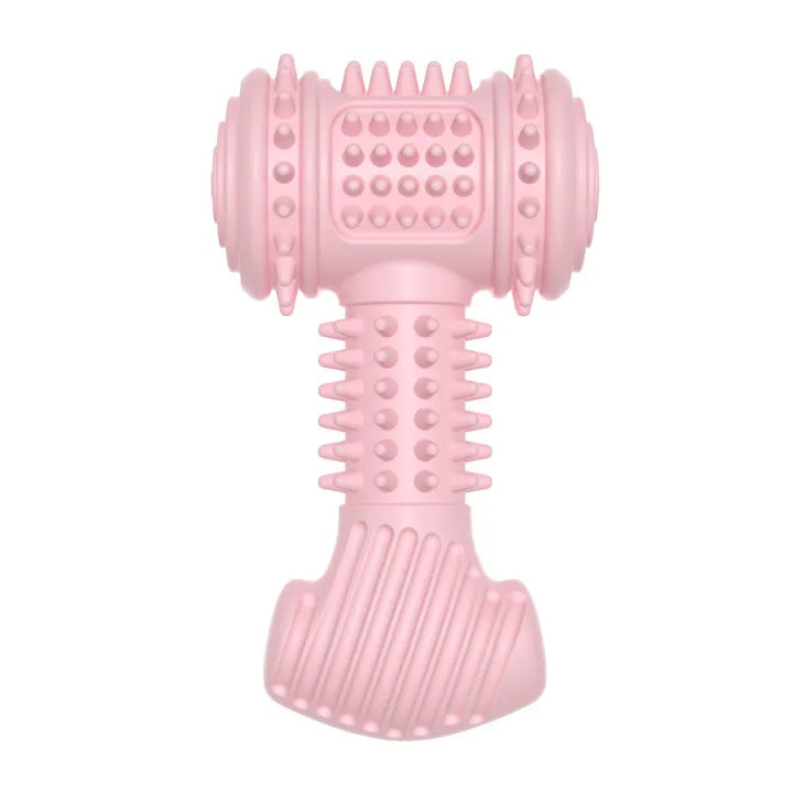 Close-up of a dog dental chew dumbbell toy, highlighting its textured surface for cleaning teeth.