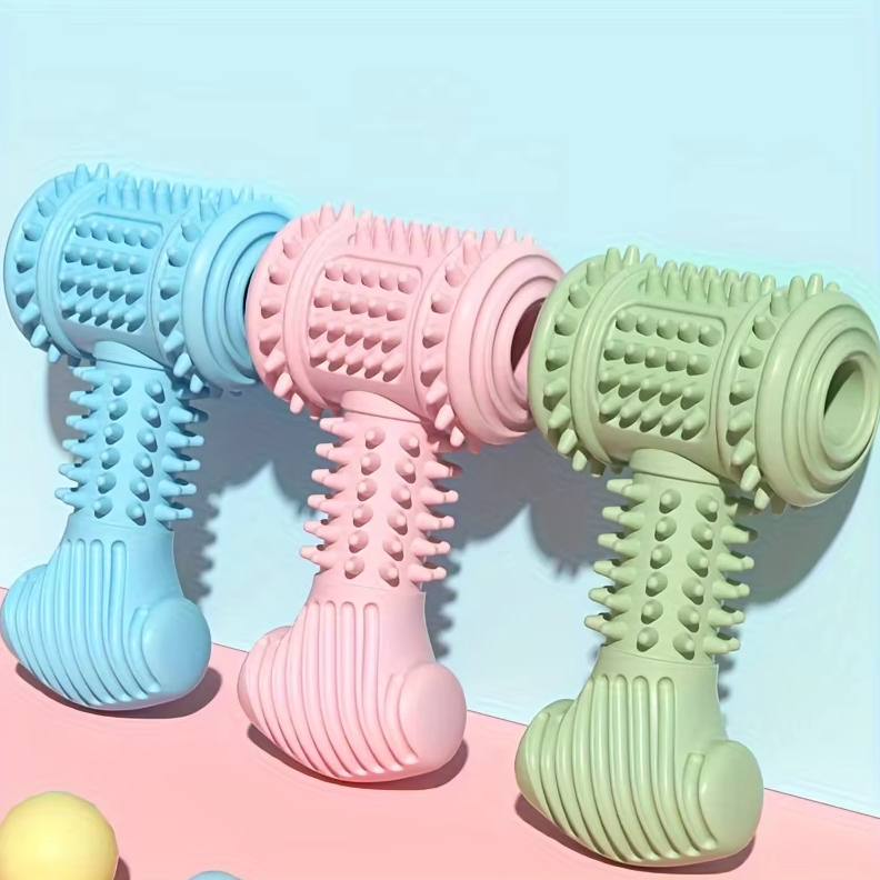 Blue dog dental dumbbell toy, a durable chew for interactive play and canine oral hygiene.
