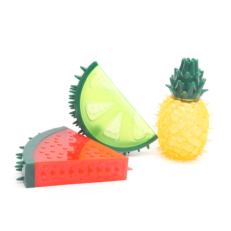 Assortment of colorful water-filled fruit dog toys, offering teething comfort and summer fun.