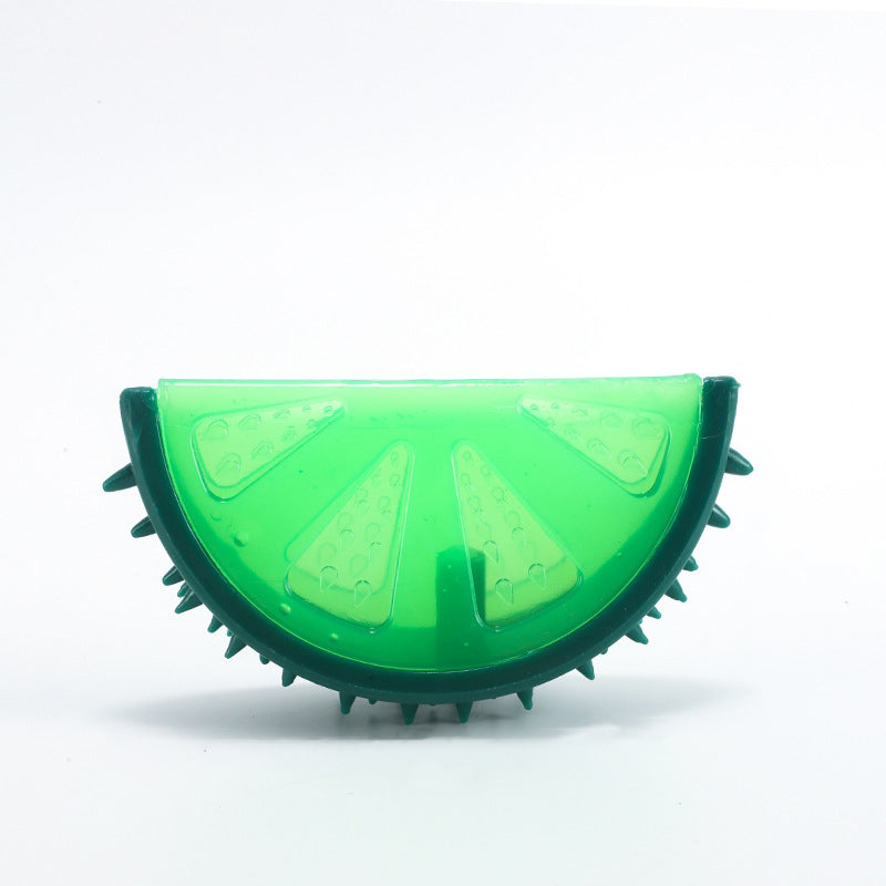 Textured surface of a water-filled fruit dog toy, providing sensory enrichment and dental benefits.