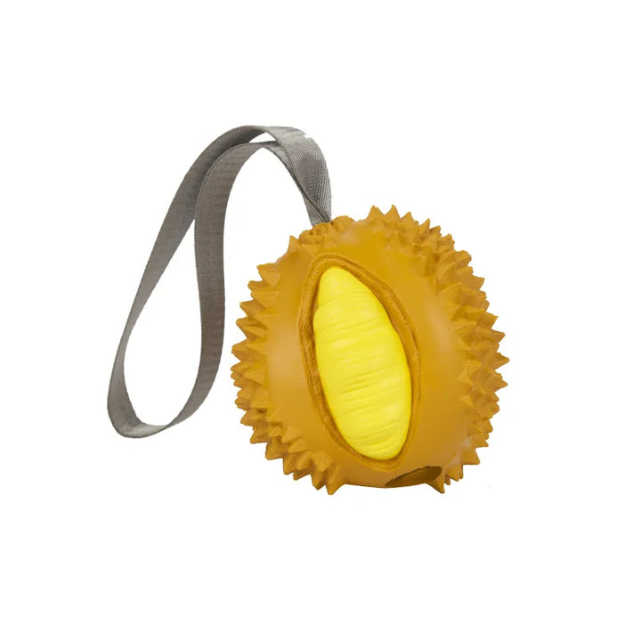 Green pear-shaped rubber chew toy for dogs on a white background, ideal for dental cleaning.