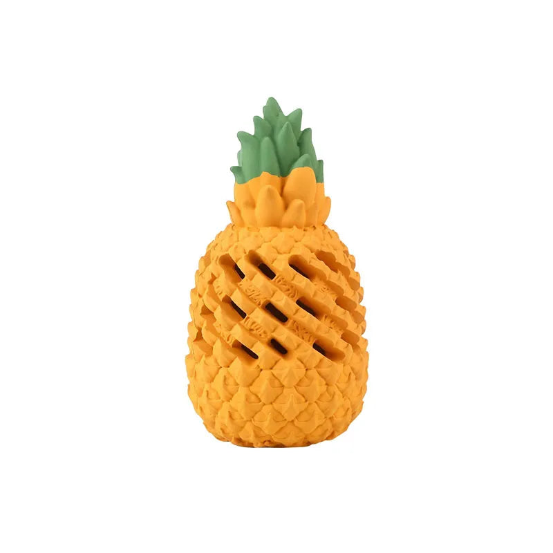 Assorted fruit-shaped rubber dental chew toys for dogs, enhancing health and playtime.