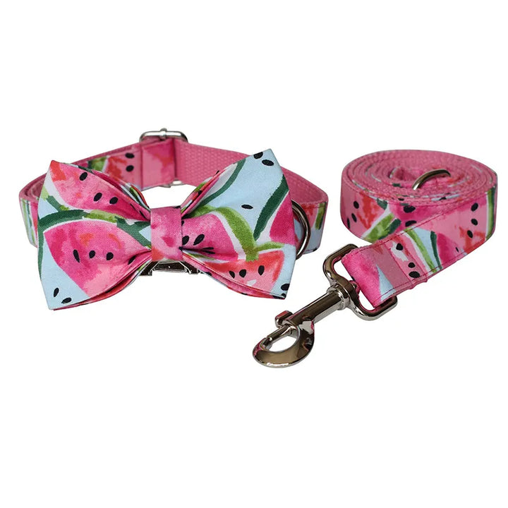 Dog collar and leash set with vibrant watermelon print, adjustable for comfort and stylish pet fashion.