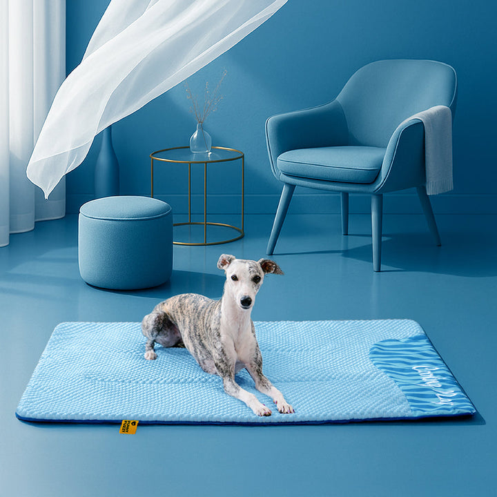 Washable dog cooling pad, non-slip design for secure placement, perfect summer pet accessory.