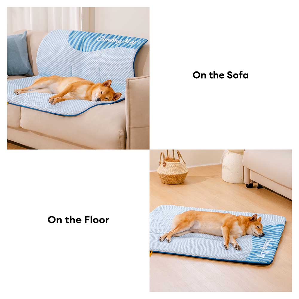 Portable dog cooling mat, easily foldable for travel, essential for a dog's summer comfort.