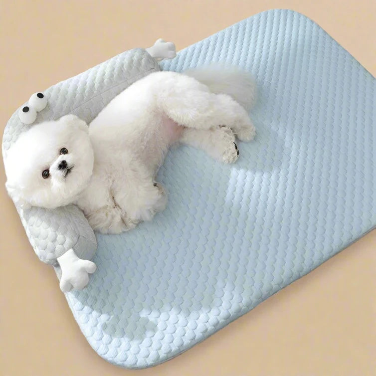 Breathable dog bed with a soft silk cooling mat and integrated plush cushion.