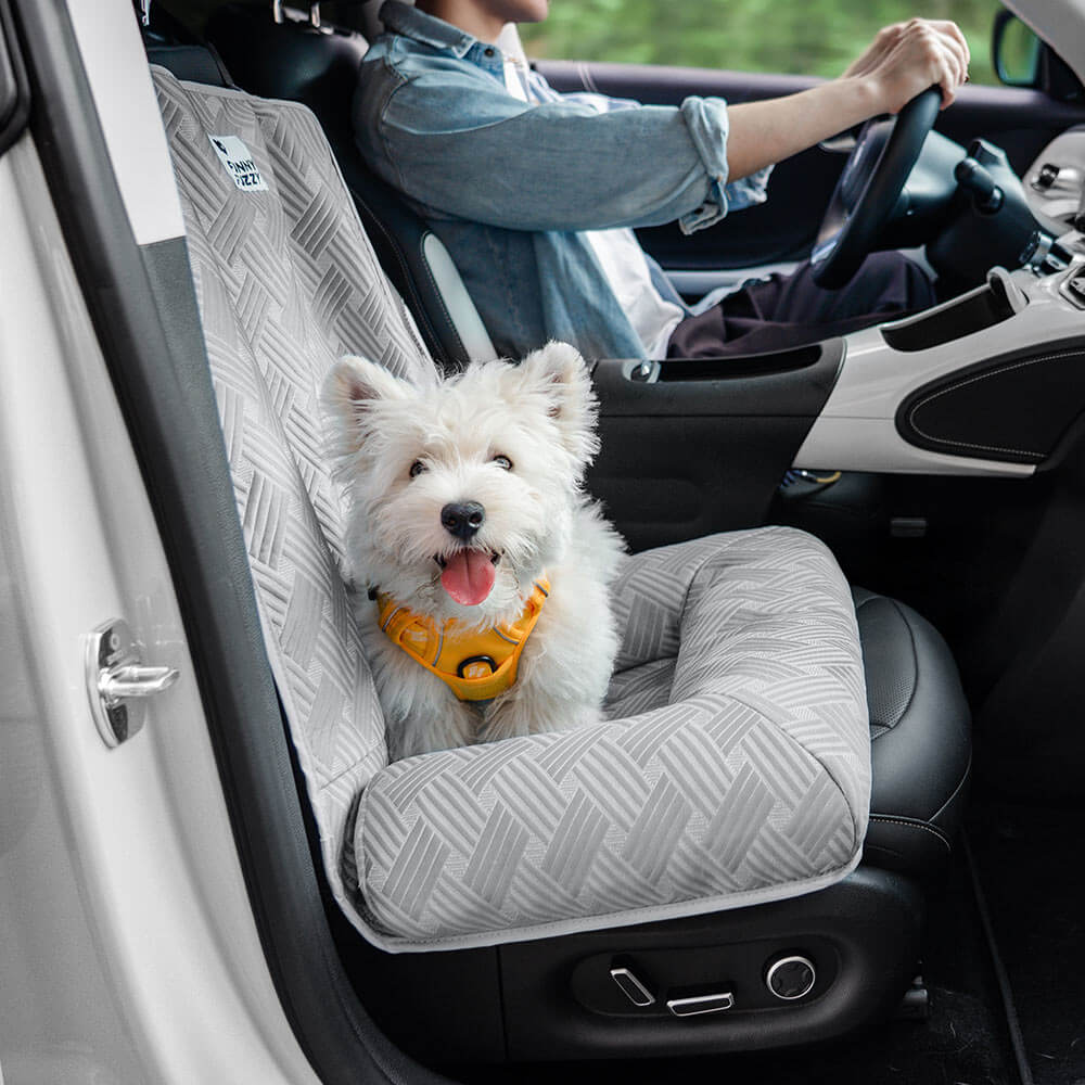 Dog car seat with adjustable straps, ensuring a snug fit for car safety during pet travel.