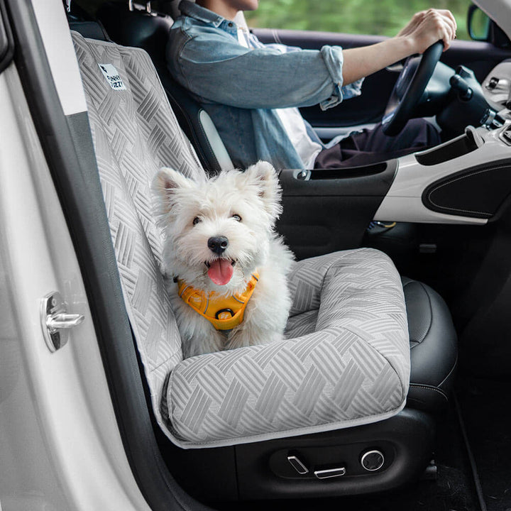 Dog car seat with adjustable straps, ensuring a snug fit for car safety during pet travel.