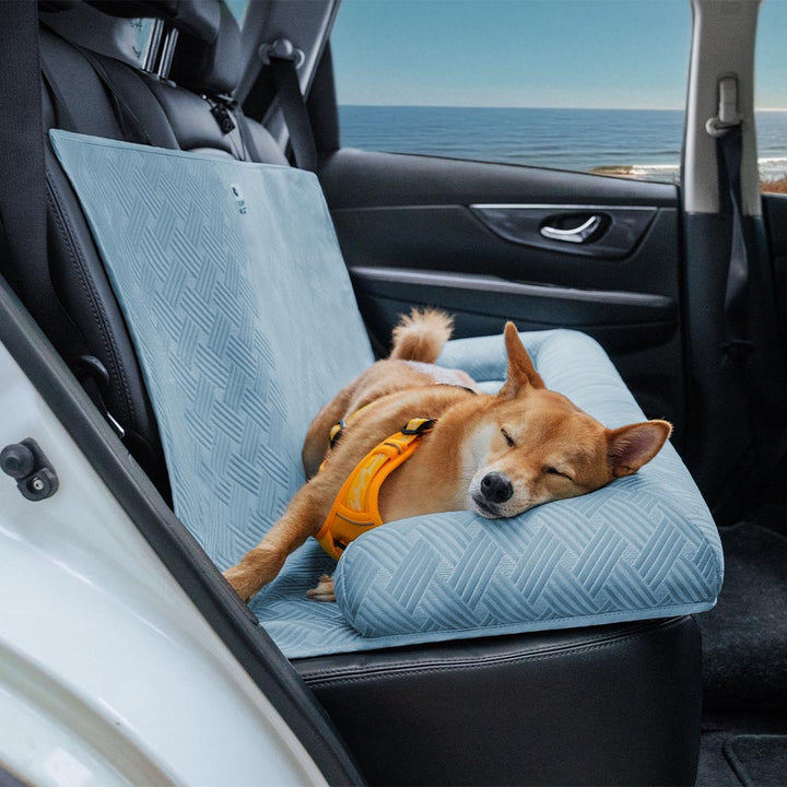Close-up of the Dog Cooling Travel Bolster Car Seat Bed fabric, highlighting its cooling properties and comfort.