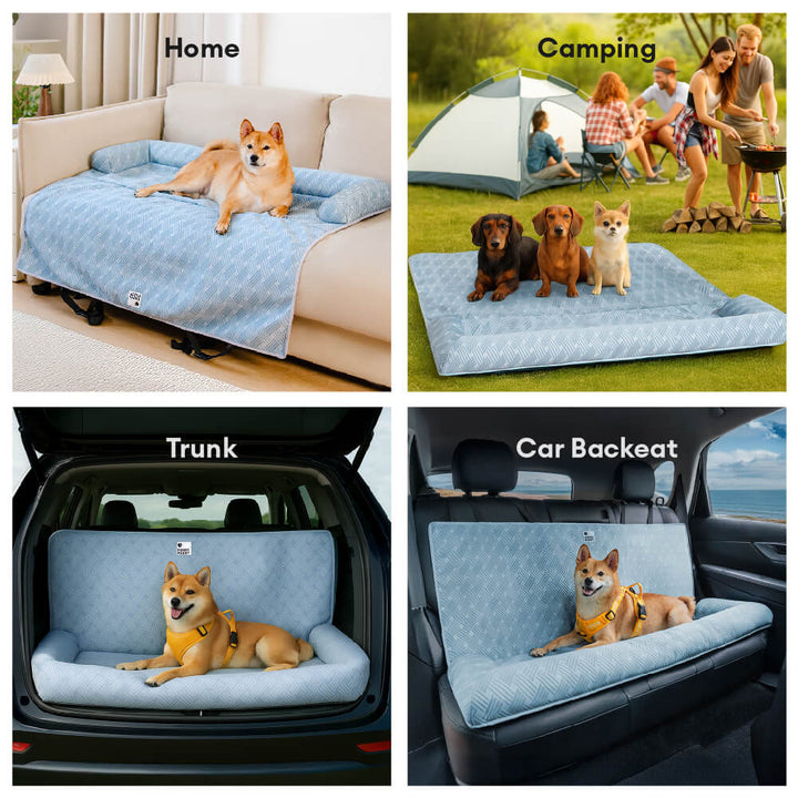 Happy dog resting in a durable Dog Cooling Travel Bolster Car Seat Bed, emphasizing pet comfort on journeys.