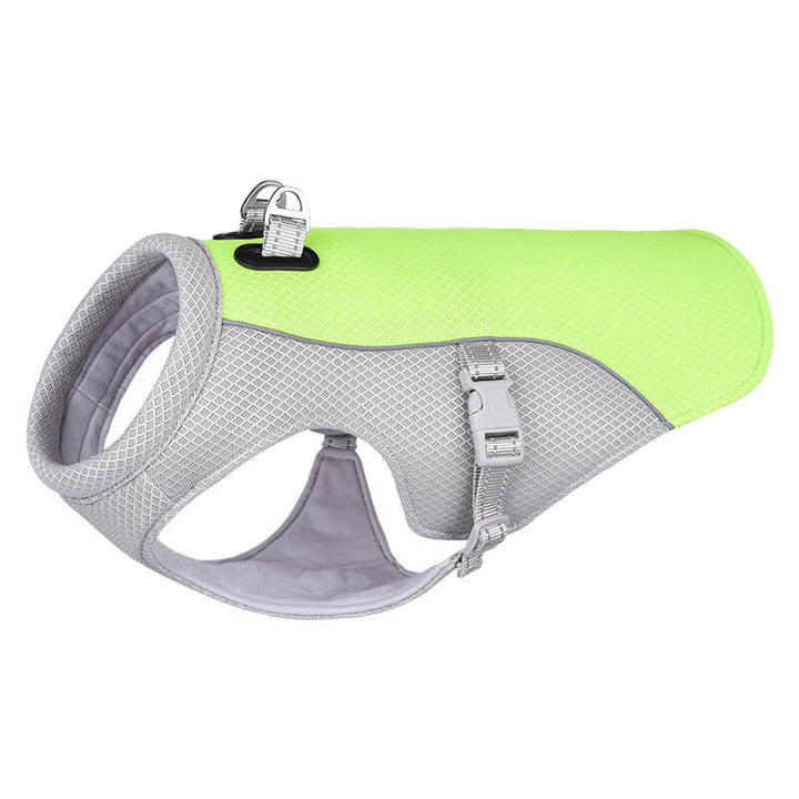 Evaporative dog cooling vest, 125 characters, ideal pet apparel for sun protection outdoors.