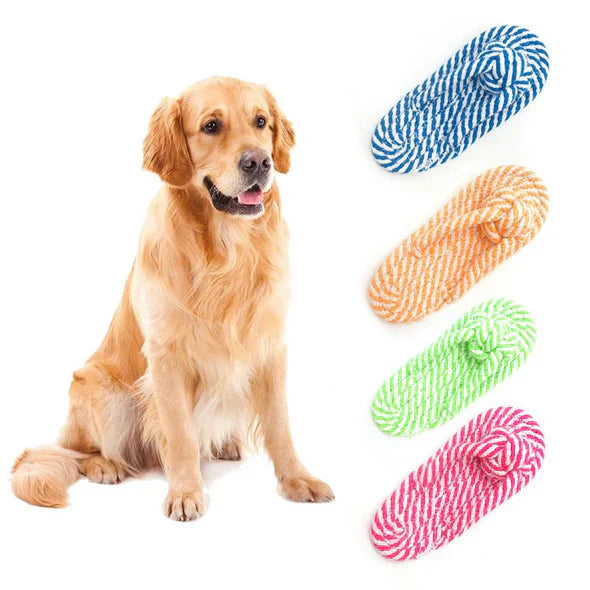 Dog chew toy, braided cotton rope, promotes dental health and satisfies pet's urge to chew