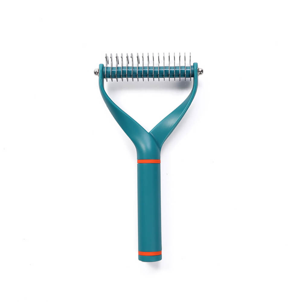 Dog dematting grooming comb with double-sided blades for effective pet deshedding and tangle removal.