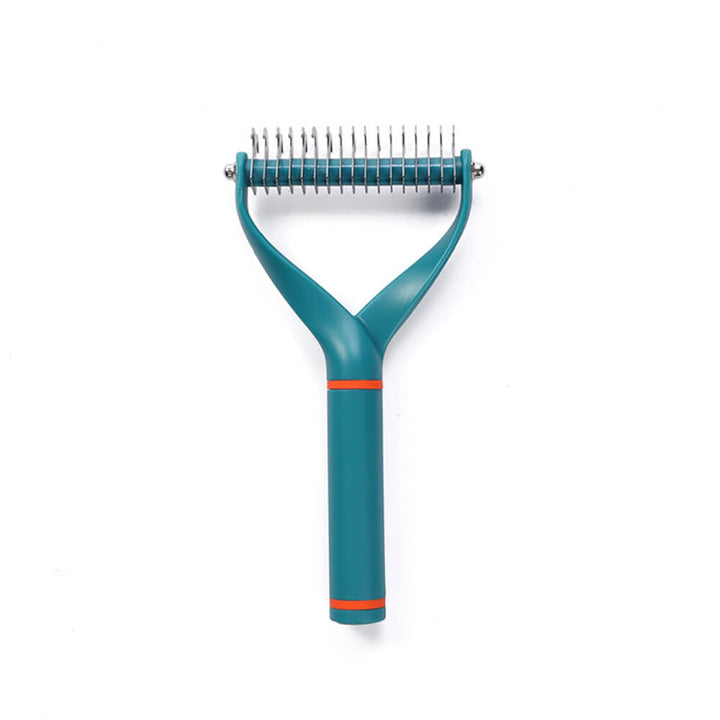 Dog dematting grooming comb with double-sided blades for effective pet deshedding and tangle removal.