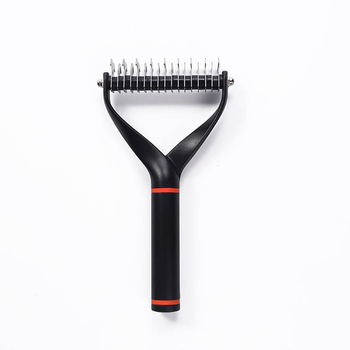 Ergonomic handle dog dematting comb, a grooming tool for pet owners to remove tangles and loose fur.
