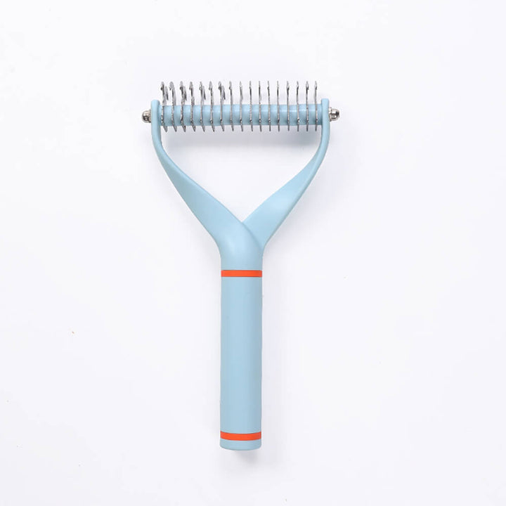 Professional dog dematting comb with precision double blades for thorough pet deshedding and grooming.