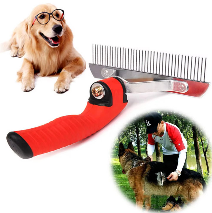 Dog dematting rake with red handle for large breeds, close-up of stainless steel blades