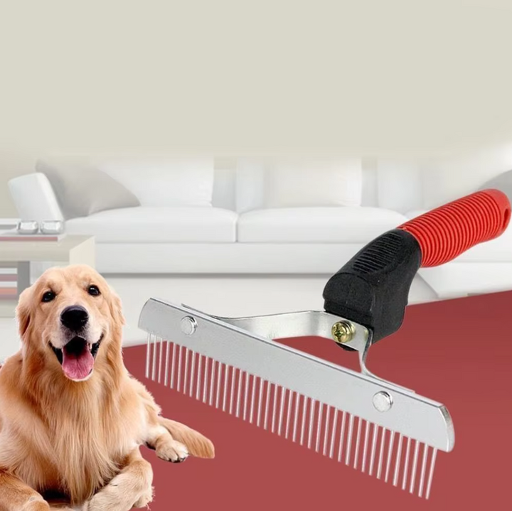 Ergonomic red handle dog dematting rake, designed for large dog grooming and undercoat removal