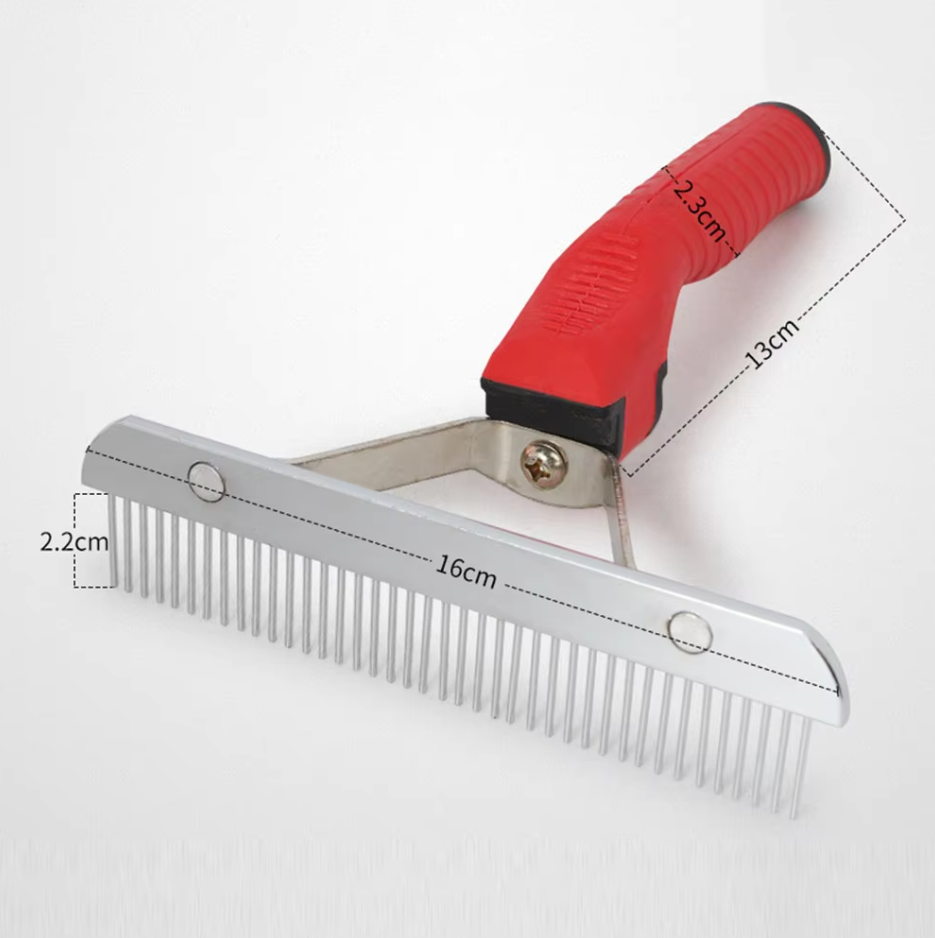 Large breed dog dematting rake with comfort grip red handle, showing dual-sided stainless steel teeth
