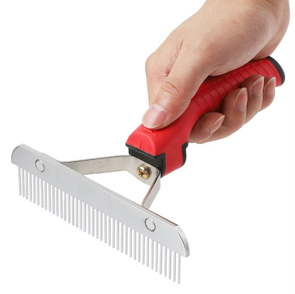 Red handled dematting rake, ideal for large dog grooming and tangled undercoat removal