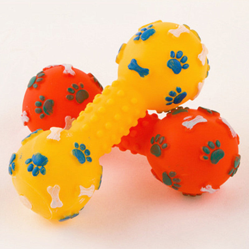 Colorful rubber dumbbell dog toy, textured for effective dental care and chewing.