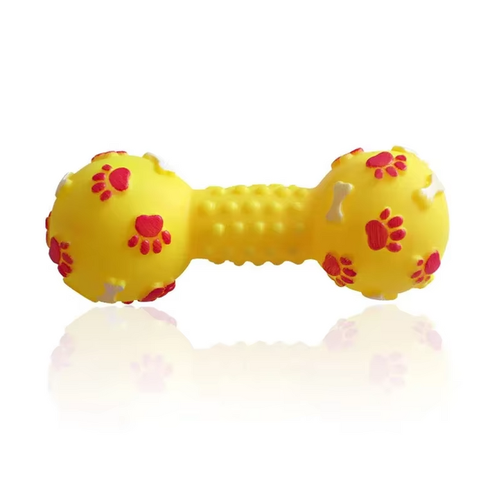 Interactive dog enrichment toy shaped like a dumbbell, great for puppy teeth.