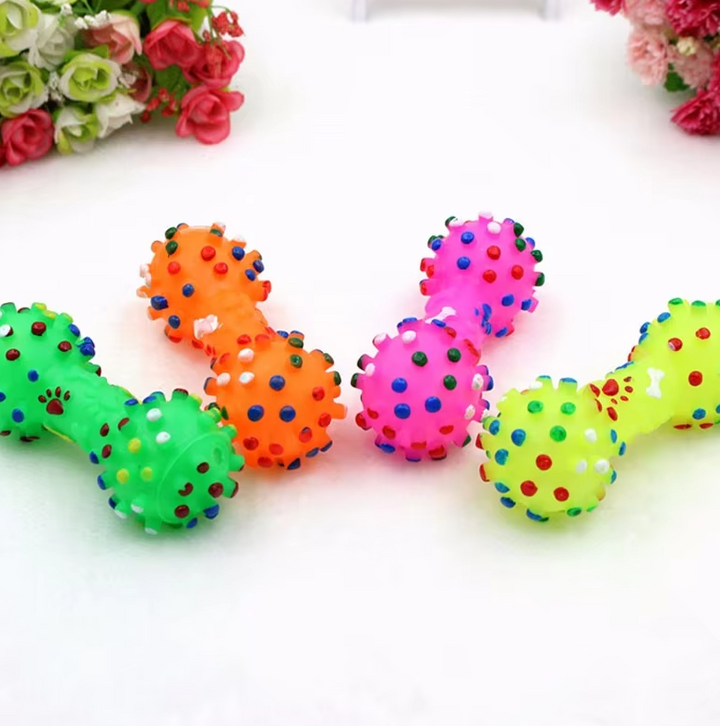 Vibrant dog chew toy, dumbbell shape, made for dental care and interactive play.