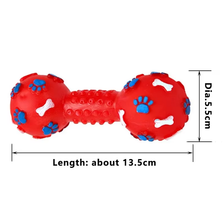 Puppy chew toy: robust rubber dumbbell assists with teething and dental cleaning.