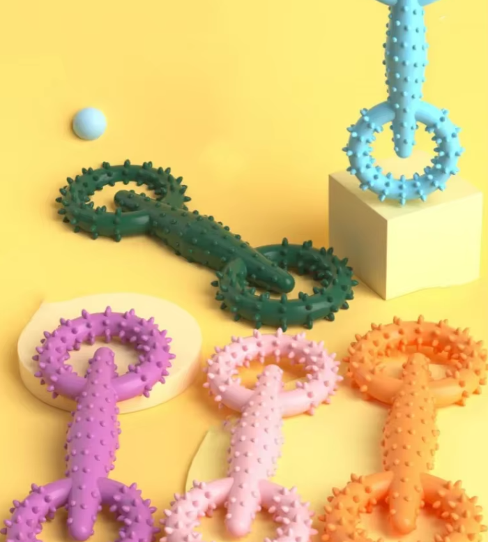 Textured dog dental ring toy, designed for effective plaque and tartar removal during play.